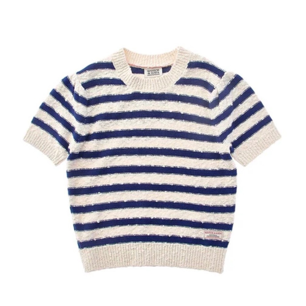 Scotch & Soda Kids Navy Blue Cream Striped Short Sleeve Knit Sweater Size Medium
